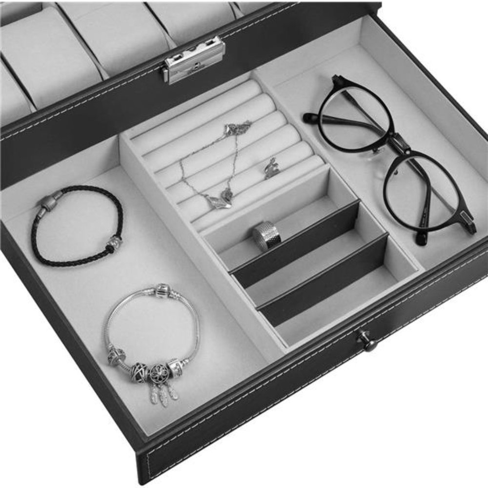 Leather Watch Box 12 Mens Watch Organizer with Jewelry Display Drawer Lockable - Picture 4 of 6